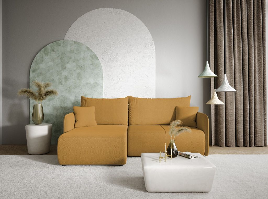 Ecksofa Sofa mit Schlaffunktion CALGARY Stoff Curio Senfgelb Ottomane Links