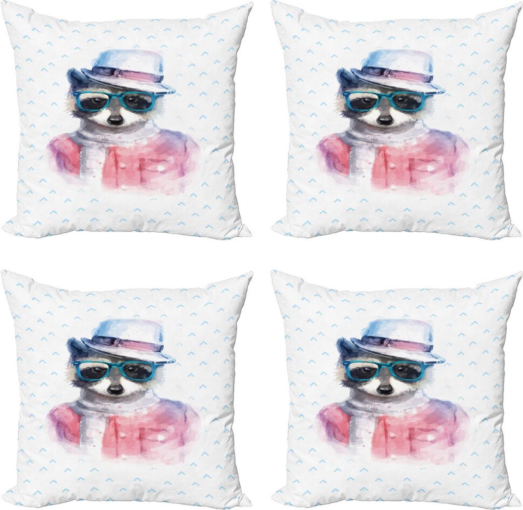 ABAKUHAUS Komisch Kissenbezug Set (4 Stück), Retro Hipster Waschbär, Moderner Doppelseitiger Digitaldruck, 60 cm x 60 cm, Pink Blau