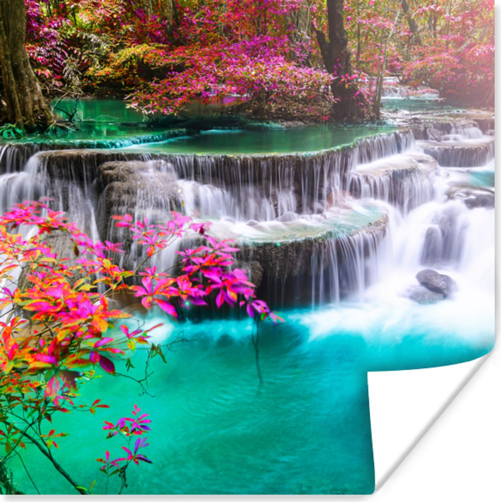 MuchoWow Poster Wasserfall - Sonne - Bäume - Regenbogen - Natur 50x50 cm - Wohnzimmerdekoration