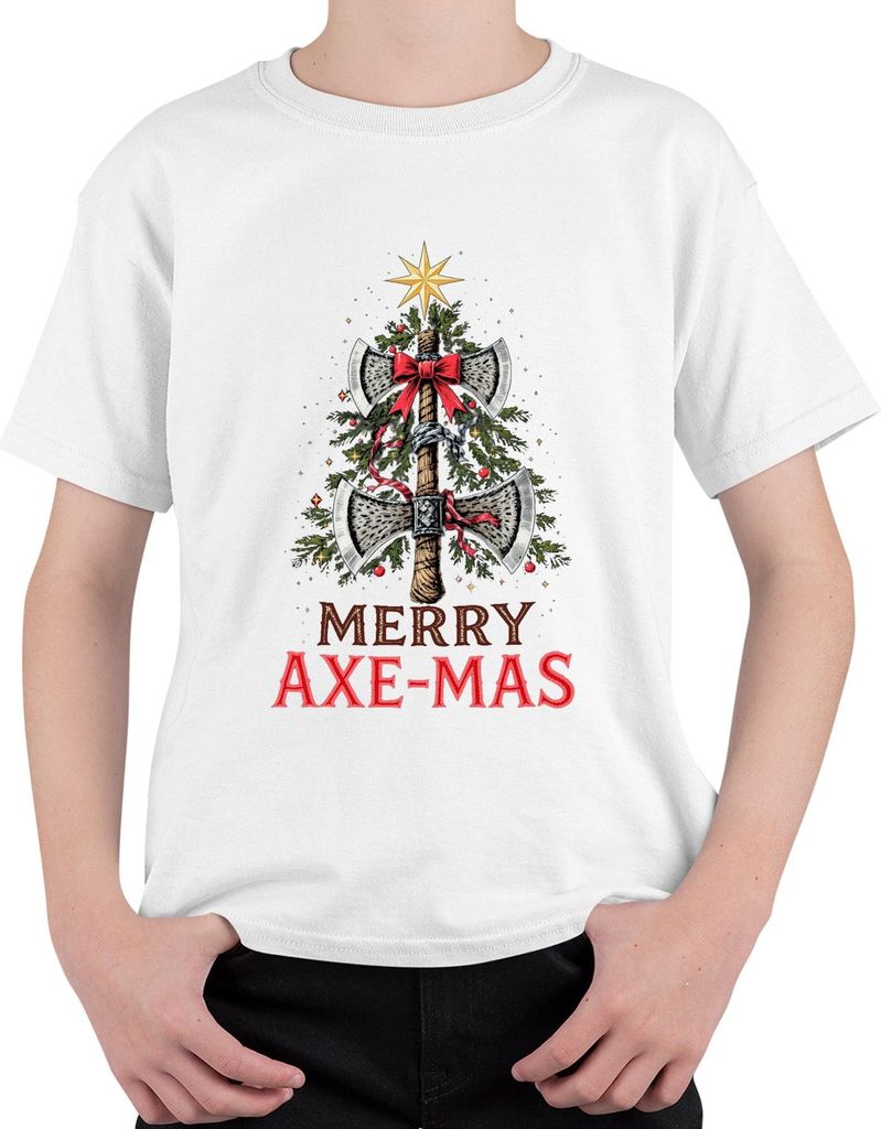 Merry Axe-mas Wikinger Axt Weihnachtsbaum Schleife Geschenk Uni Kinder T-Shirt, Weiß, 140