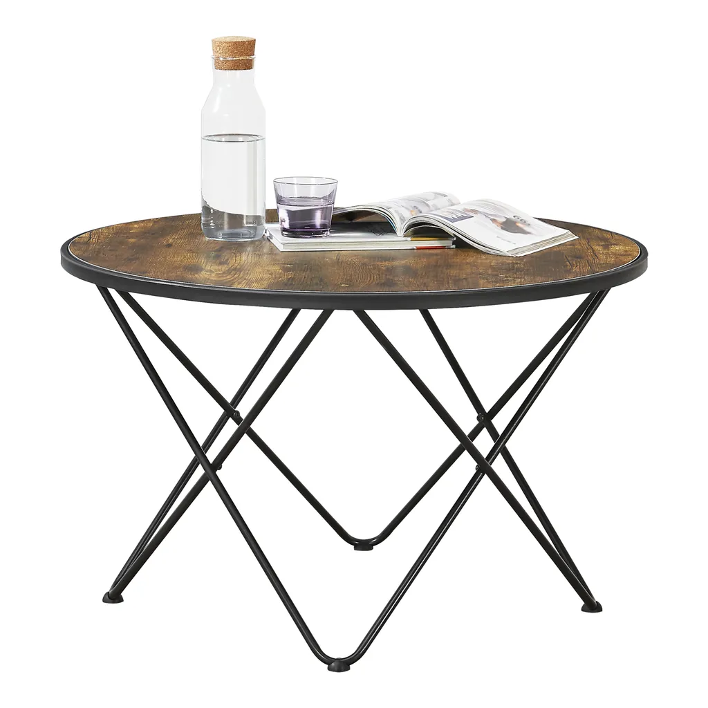 Table Basse Ronde Aspect Bois Foncé et Structure Acier Noir Résistante