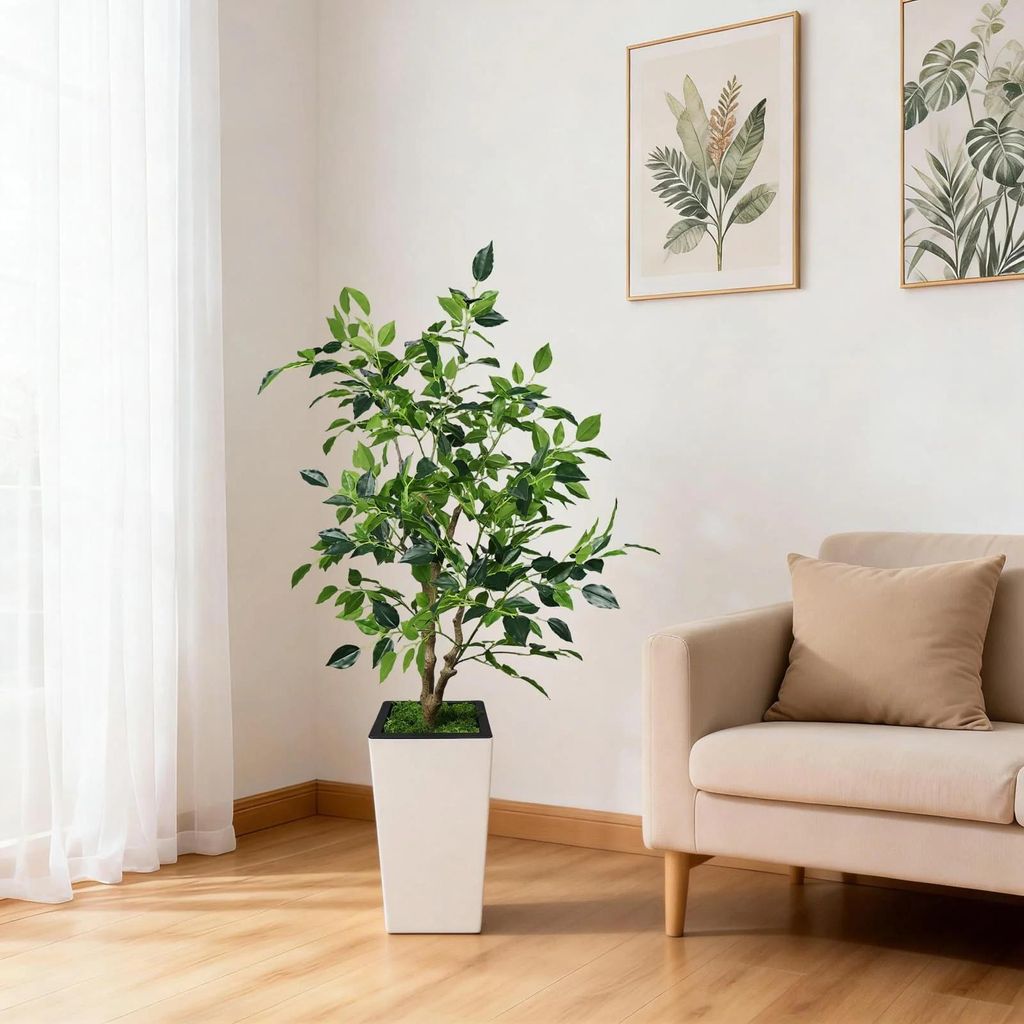 Künstlicher Ficus Benjamina - Kunstpflanze - Höhe 150 cm - Echter Holzstamm - Seidenblätter - Bodenpflanze im Topf - Größe 4XL - Milchweiß