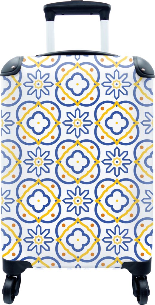 MuchoWow MuchoWow Koffer Handgepäck Trolley Rollkoffer Kleine Reisekoffer mit 4 Rollen - Blume - Blau - Gelb - Kacheln - Muster - Cabin Size <...