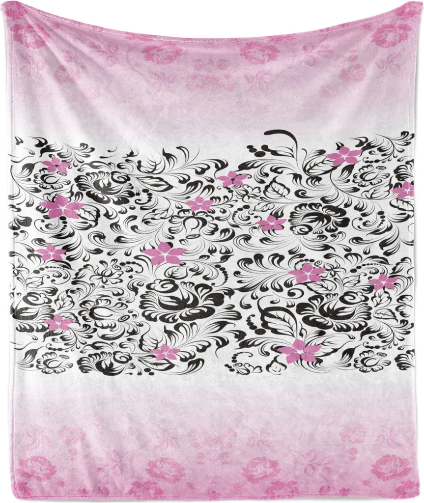 ABAKUHAUS Coperta morbida in flanella e pile, nero e rosa, fiori romantici ricci in colore rosa, motivo, 175 x 230 cm, rosa e grigio scuro