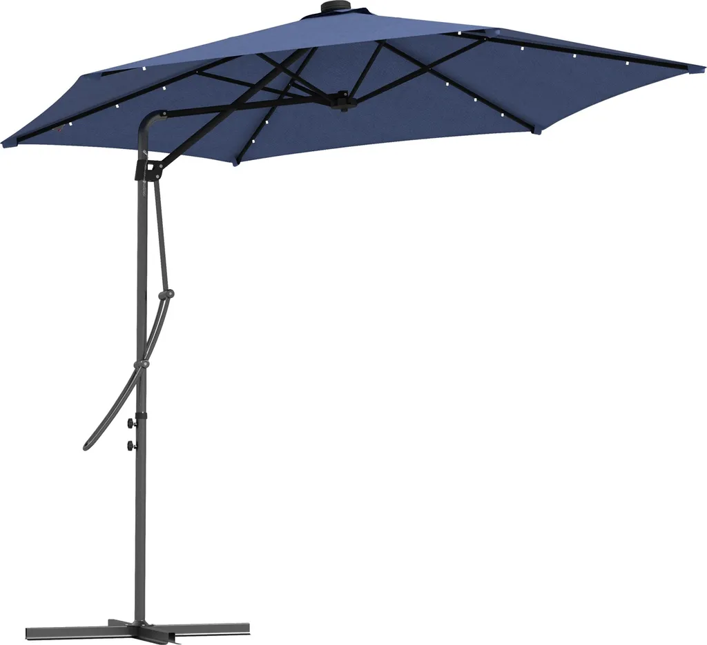Parasol Fortuna Lai Ø290 cm avec LED et pied en croix - Bleu Foncé