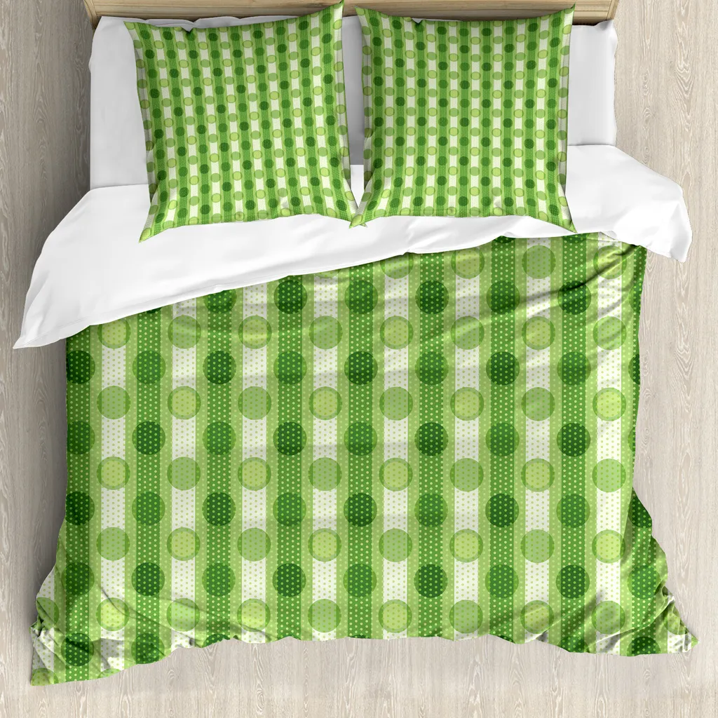 ABAKUHAUS Set copripiumino verde per letti matrimoniali, a pois e righe retrò, antiacaro, adatto a chi soffre di allergie, con federe, verde