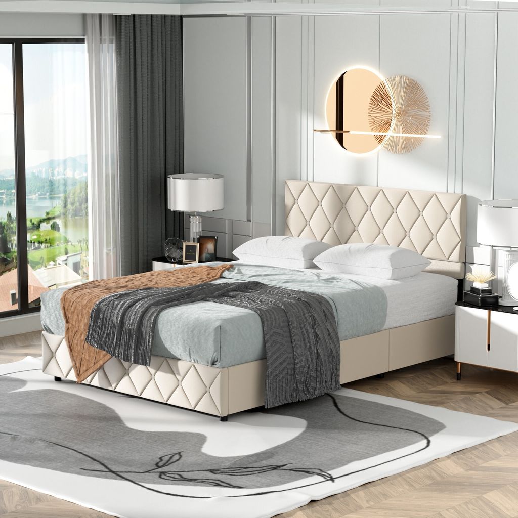 MODFU Boxspringbett Hydraulisches 140 x 200 cm mit Kopfteil(Knopfnahtverzierung), Polsterbett Funktionelles mit Lattenrost aus holz und Metallrahme...
