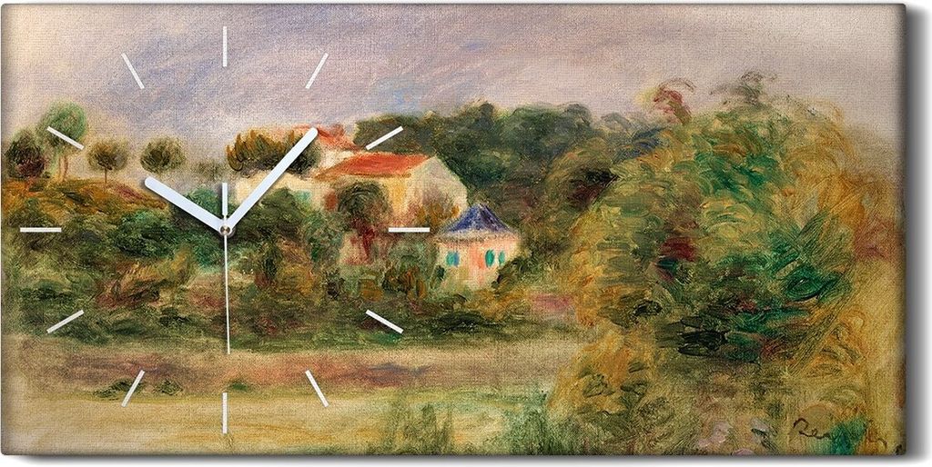 Leinwand Wanduhr Wandkunst Uhr 60x30 Malerei Wald Bäume Häuser Himmel Kunst - weiße Hände