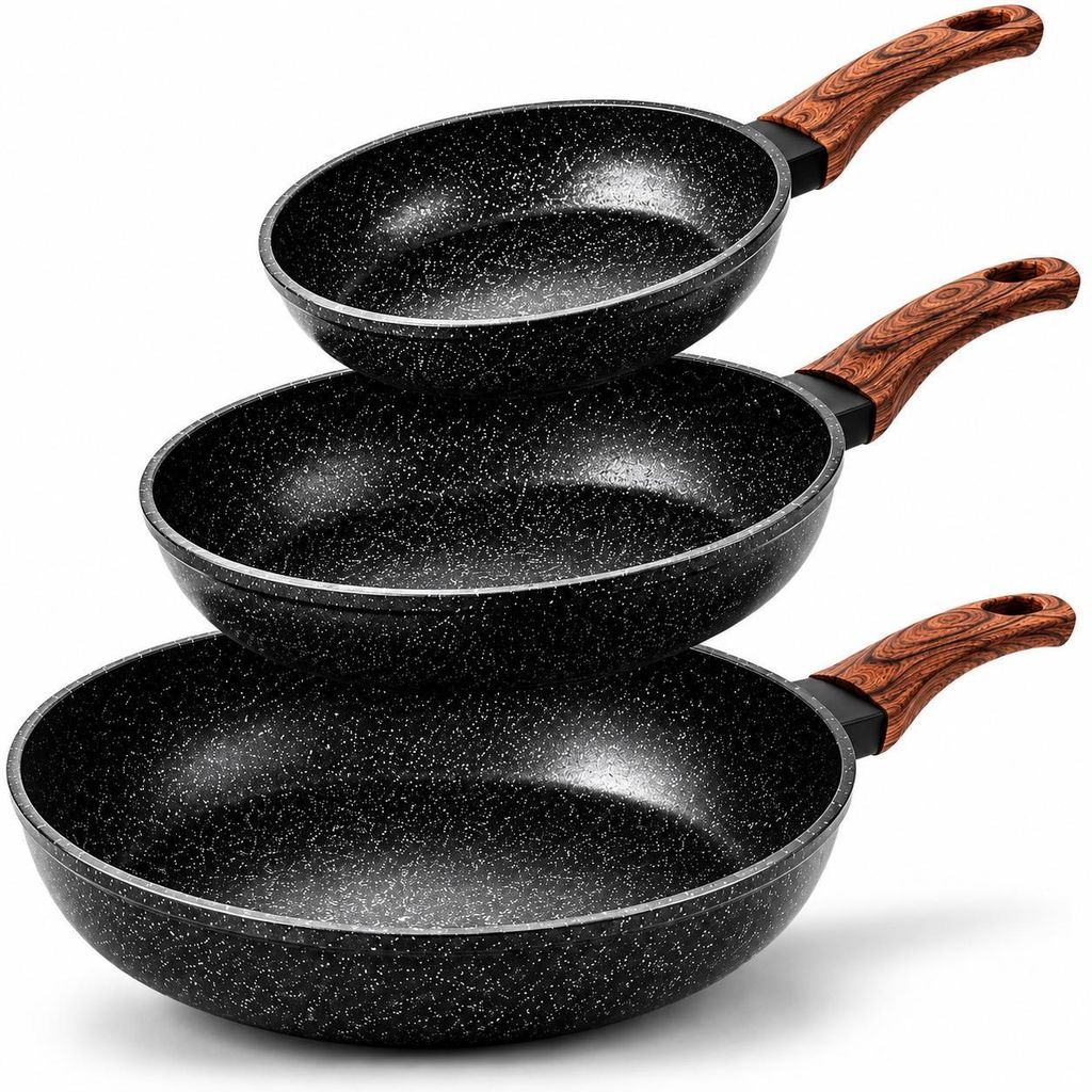 Pfannenset - Pfannen-Set - Bratpfannenset - 3-teilig - Ø 20/24/28 cm - Granitbeschichtung - Antihaft und Spülmaschinenfest QIVEE