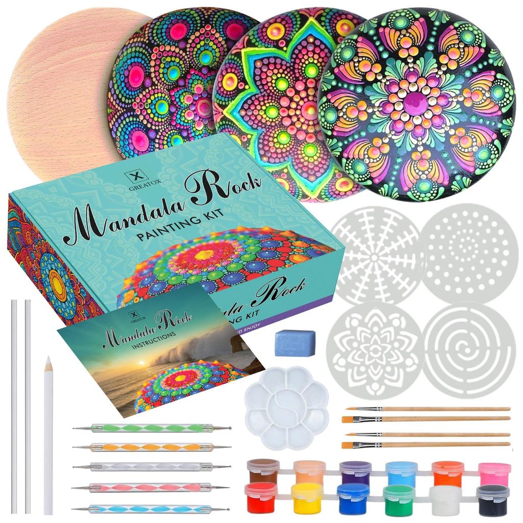 Mandala-Mal-Set für Erwachsene, große Holzsteine, Punktierwerkzeuge