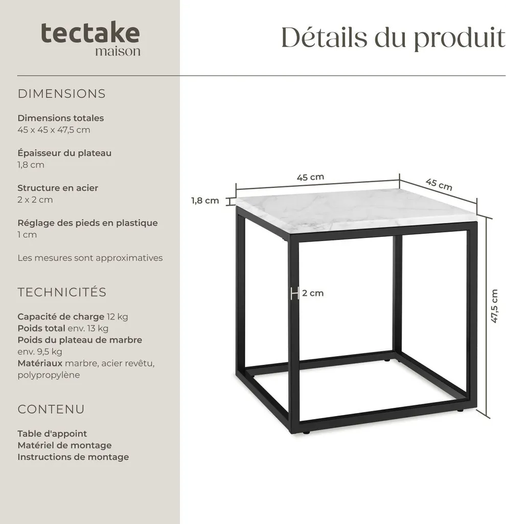 Table d'appoint Alysia aspect marbre carré 40x40 cm - Noir et Blanc