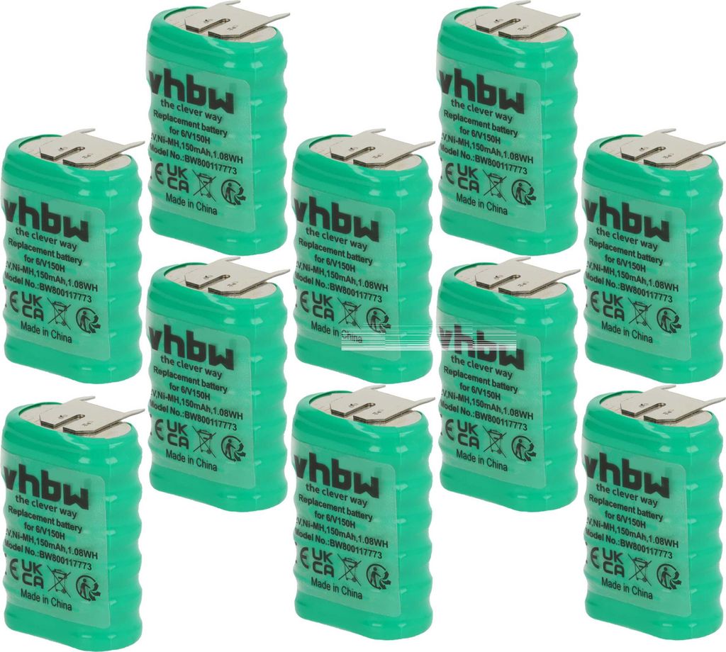vhbw 10x NiMH Ersatz Knopfzellen-Akku Typ 6/V150H 3-Pins 150mAh 7,2V kompatibel mit Modellbau-Akkus, Solar-Leuchten uvm.