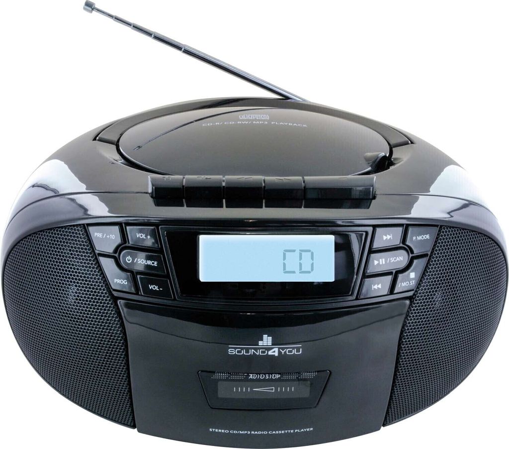 SCHWAIGER 658026 CD-Player mit Kassette und Radio MP3 USB Anschluss FM Radio AUX Kopfhörer Boombox Netz- und Batteriebetrieb Display tragbar schwarz