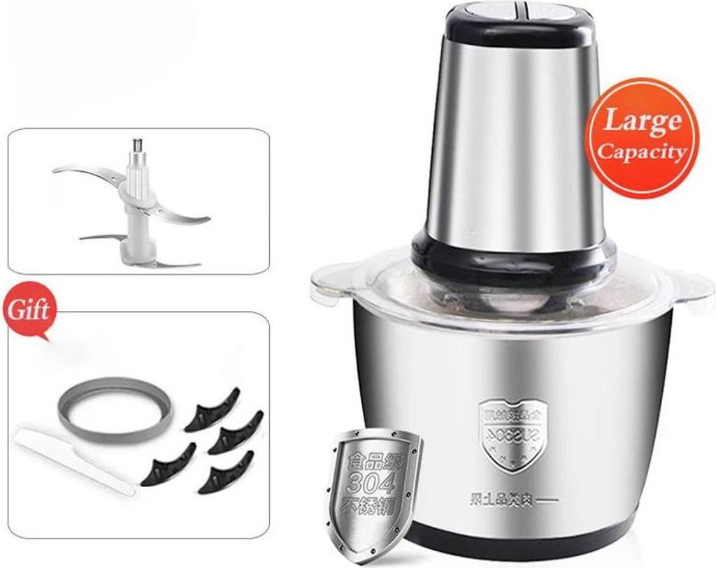 Elektrischer Fleischwolf und Küchenmaschine - 2 l Zerkleinerer - 250 W Motor - Edelstahlschüssel - Gemüseschneider - EU-Stecker - Schwarz