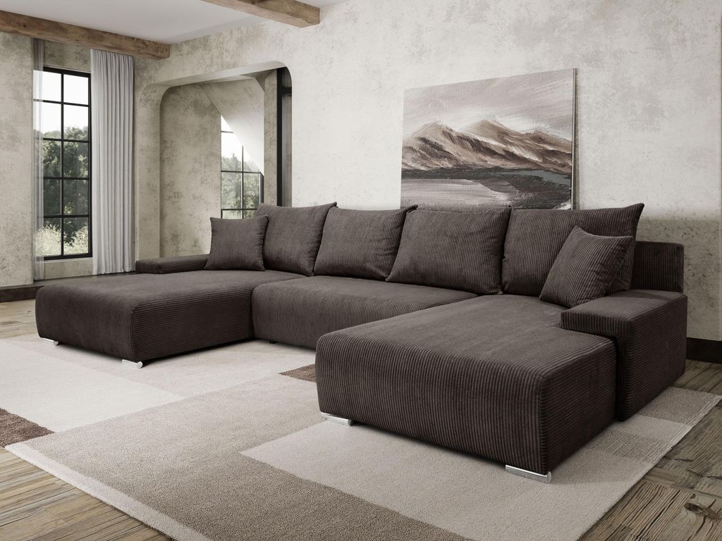 Margaret Hadas24 Ecksofa U Form Ecksofa Lauren 348x188cm mit Schlaffunktion und Bettkasten, 5 Sitzer, Bettzeugablage, Big Sofa, Eckcouch, Cord, braun