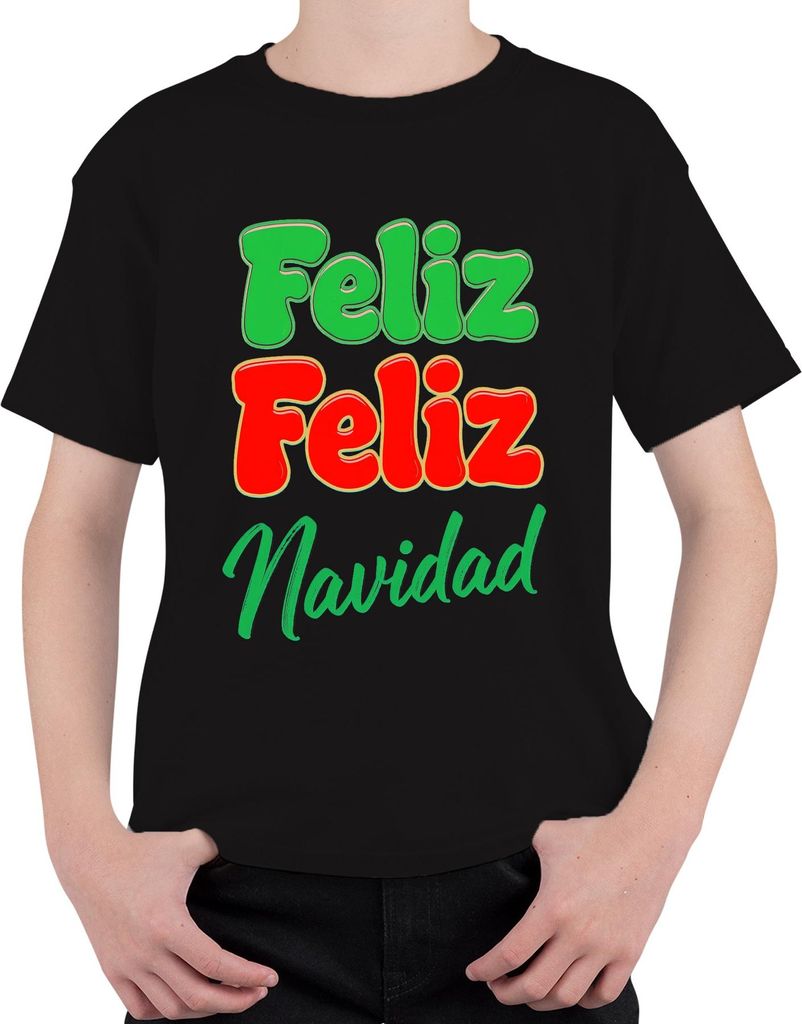 Feliz Feliz Navidad spanischer Weihnachtsgruß Retro Bunt Lustig Uni Kinder T-Shirt, Schwarz, 152