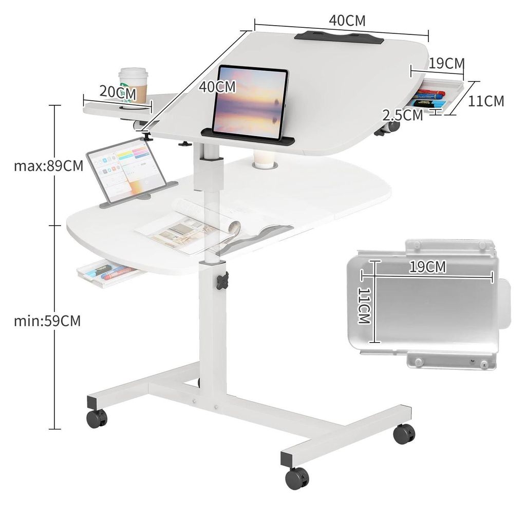 Laptop Tisch - Pflege Betttisch - Höhenverstellbar - Neigbar 90° - Rolltisch mit Ablage - Rechteckig Holzgestell - 30 kg Tragkraft - Weiß
