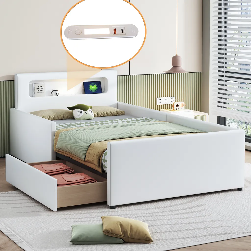 Lit rembourré 90x200cm Flieks avec USB et LED blanc et tiroir de rangement