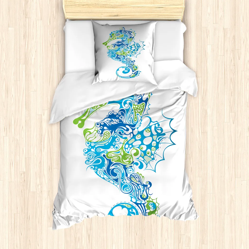 Set Copripiumino ABAKUHAUS Seahorse 135x200 | Verde Lime e Blu Notte