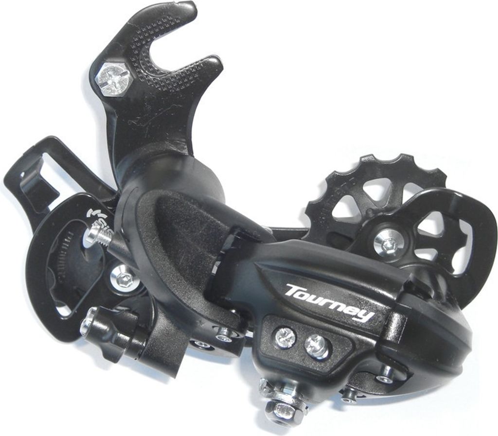 A black bicycle derailleur is shown against a white background.