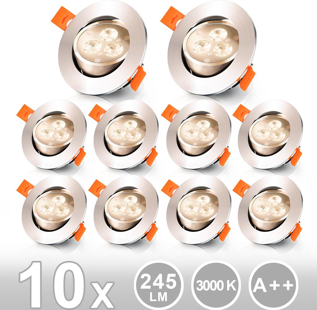 10er LED Einbaustrahler Warmweiß 3W Deckeneinbauleuchte Set Produktbild 