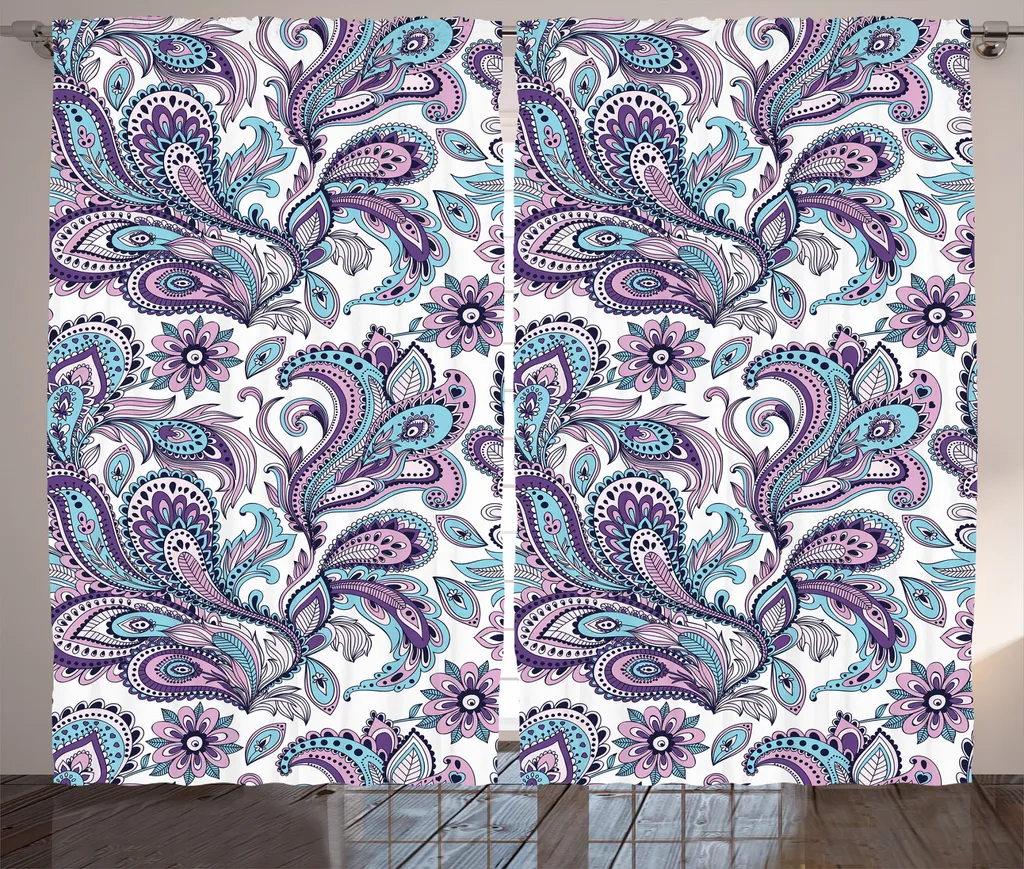 Rideau à fronces ABAKUHAUS Paisley rustique 280x225 cm violet bleu blanc