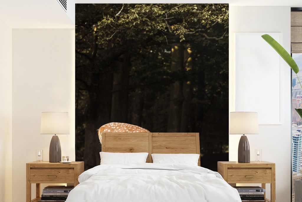 MuchoWow Fototapete für Wohnzimmer oder Schlafzimmer Wandtapete Vinyl Motivtapete Hirsche - Nahrung - Gras - 195x260 cm - Wandbild