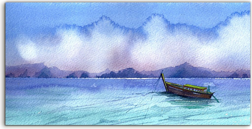 Coloray Spritzschutz aus Glas 140x70 Wandkunst Küchenrückwand kunst Malerei Wasser Boot Meer Himmel