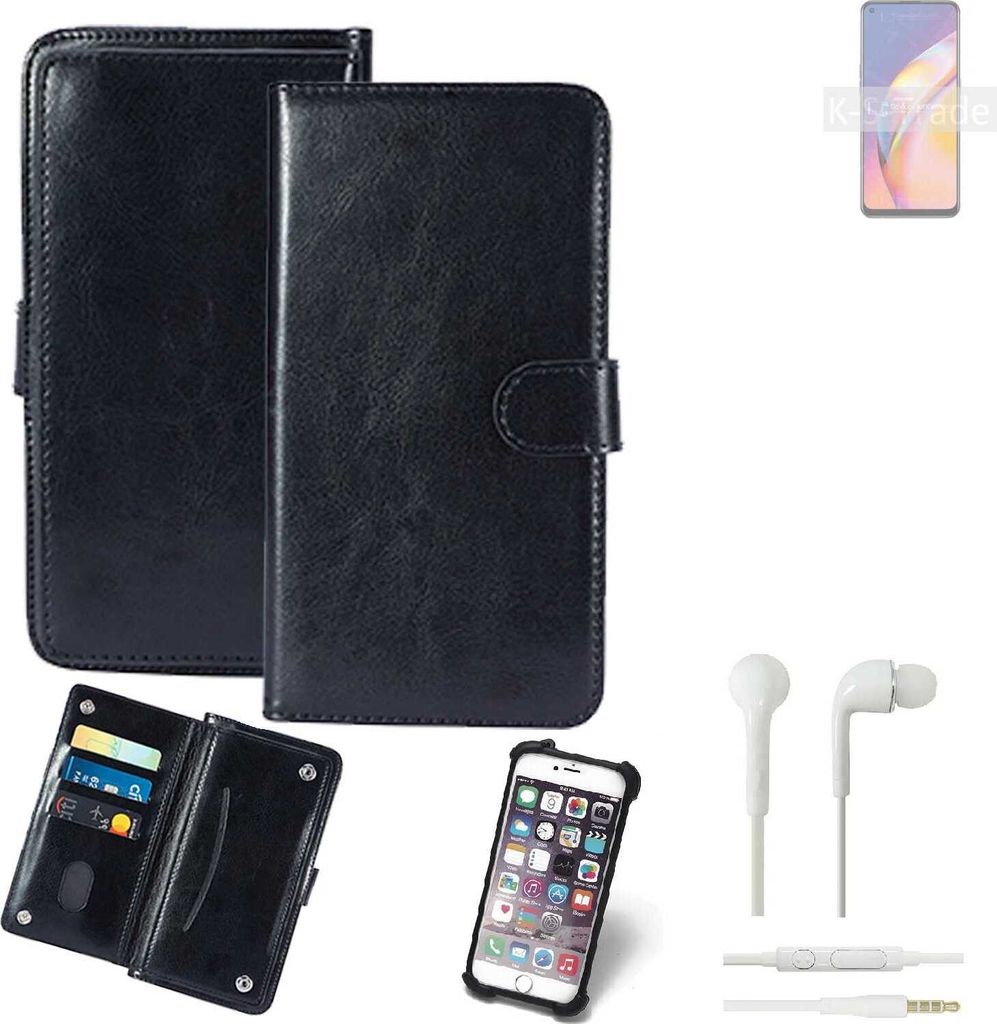 K-S-Trade 360° Hülle kompatibel mit Oppo F19 Pro inkl. Headphones schwarz Kunstleder Case BookCase WalletCase Kunstlederederhülle Handyhülle,