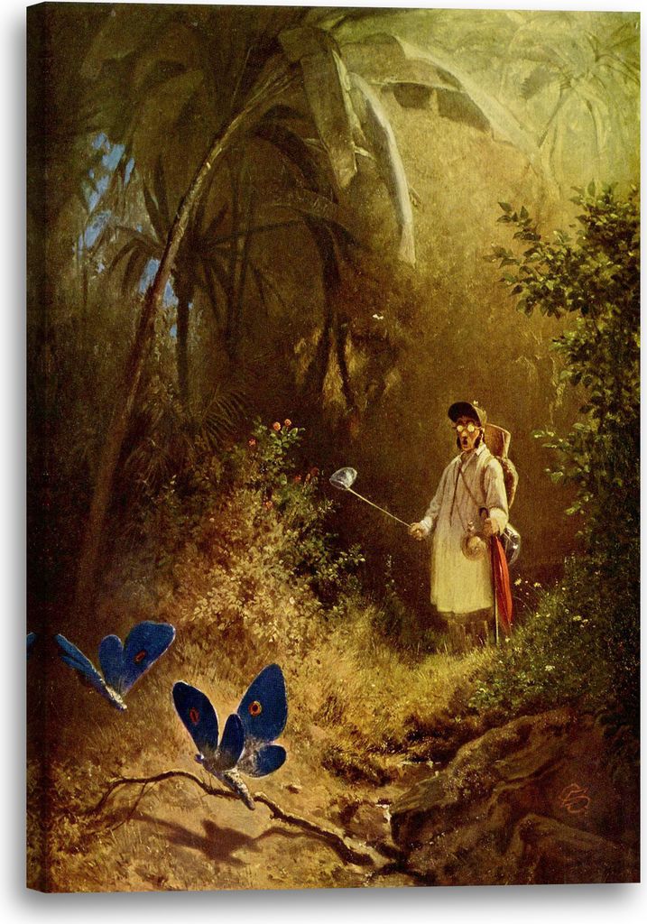Leinwandbild (60x80cm): Carl Spitzweg - Der Schmetterlingsjäger, echter Holz-Keilrahmen inkl. Aufhänger, handgefertigt in Deutschland