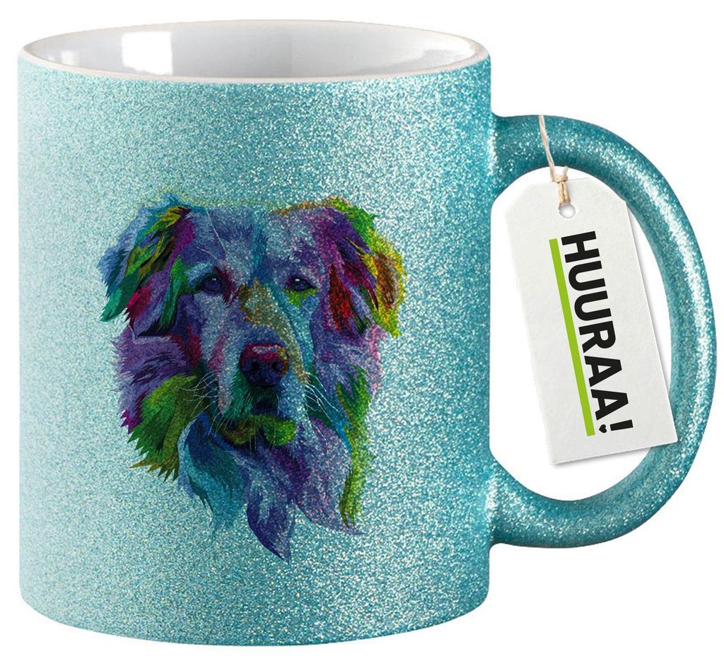 Huuraa Glitzertasse Golden Retriever Colorful 330ml Blau Keramik Kaffeebecher Geschenkidee
