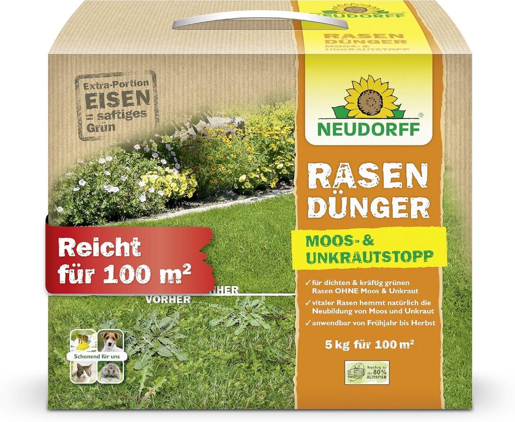 Rasendünger Moos und Unkrautstopp extra Eisen 5 kg reicht für 100 m2 dichten grünen Rasen