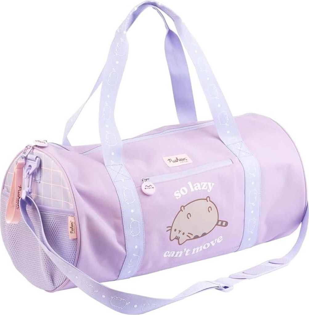 A purple duffel bag with a cartoon cat graphic and text.
