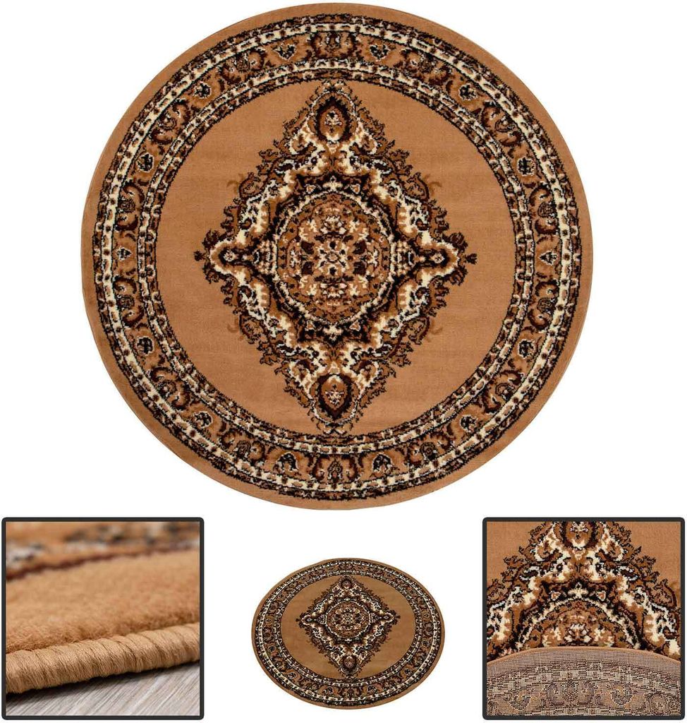 Teppich Rund Orientalisch Klassisch Orient Teppich Kurzflor Wohnzimmer Schlafzimmer, Maße:Ø 120 cm Rund, Muster:8757, Color:Beige