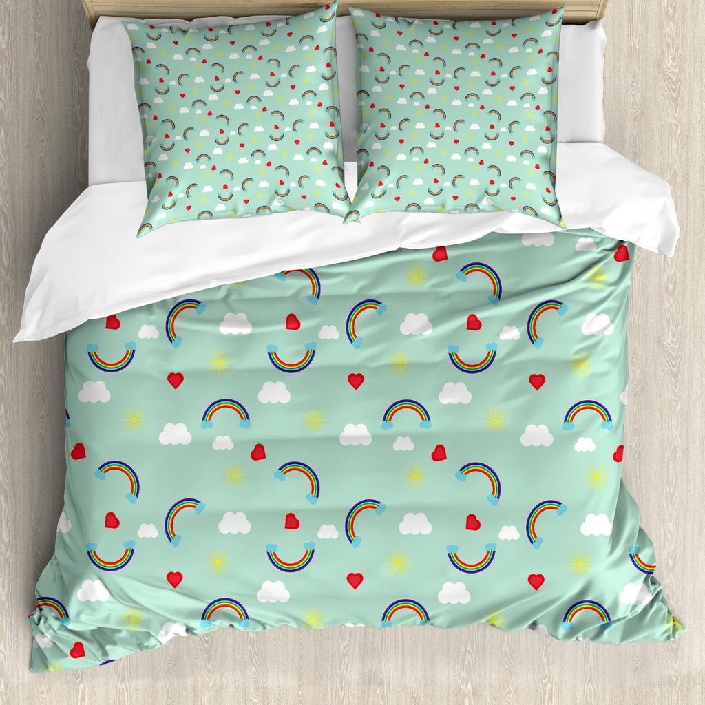 ABAKUHAUS Kinder Bettbezug Set, Regenbogen-Himmel mit Wolken Herzen und Sun Love Kinder-Baby-Spielzimmer Theme, 155 x 220 cm + 80 x 80 cm, Mint Gre...