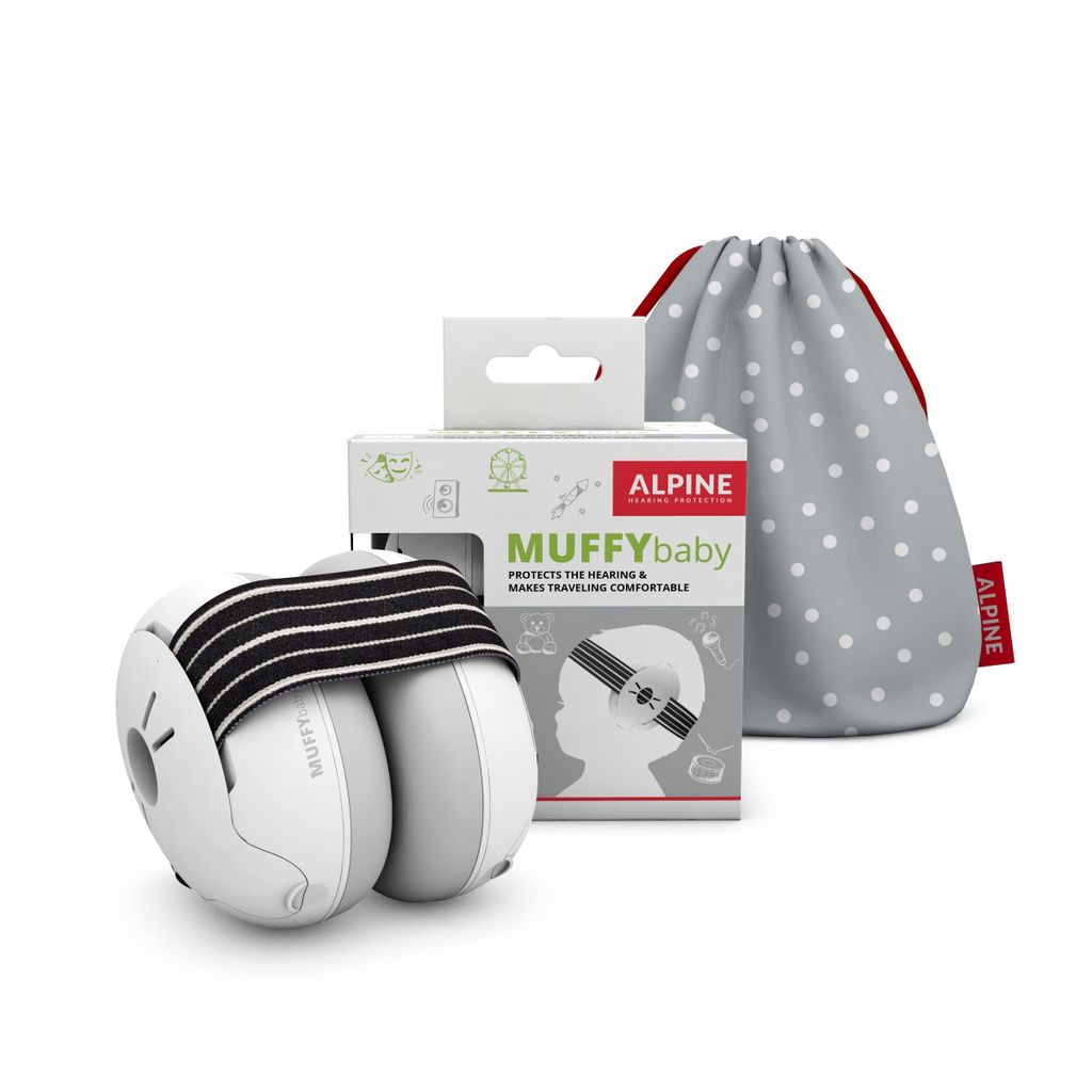 A product shot of Alpine Muffy Baby ear defenders, their packaging, and a storage bag, arranged on a white background.