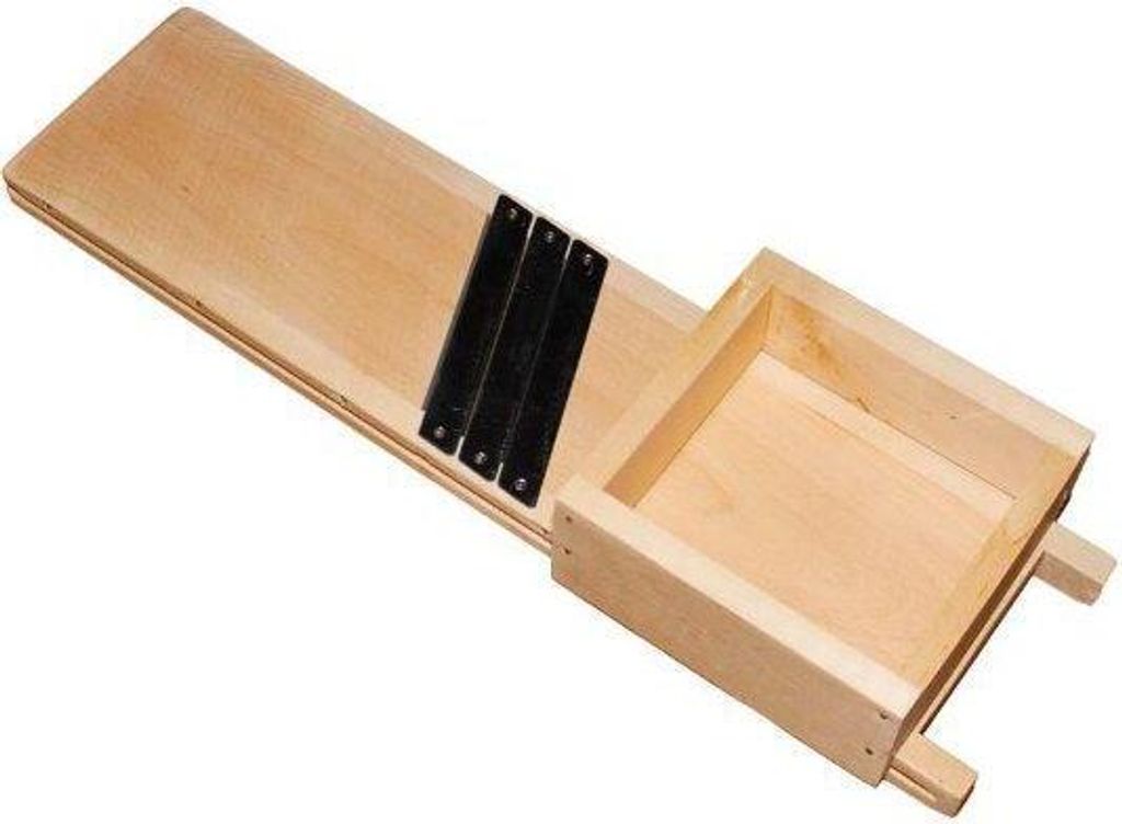 A wooden mandoline slicer with three blades and a collection box.