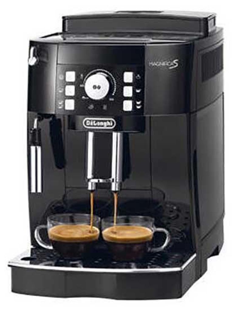 A black De'Longhi Magnifica S ECAM 21.110.B automatic espresso machine is shown from the front, brewing two cups of coffee.