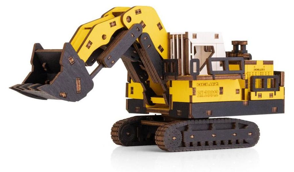Eco Wood Art (EWA) 3D Mechanisches Holz Puzzle, Mining Hydraulic Excavator BX20012, 4547, Kleur Geel, 26,5x10,4x11,7cm