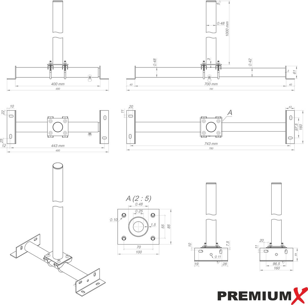 PremiumX PROFI SAT Dachsparrenhalter 100cm Mast 48mm Feuerverzinkt