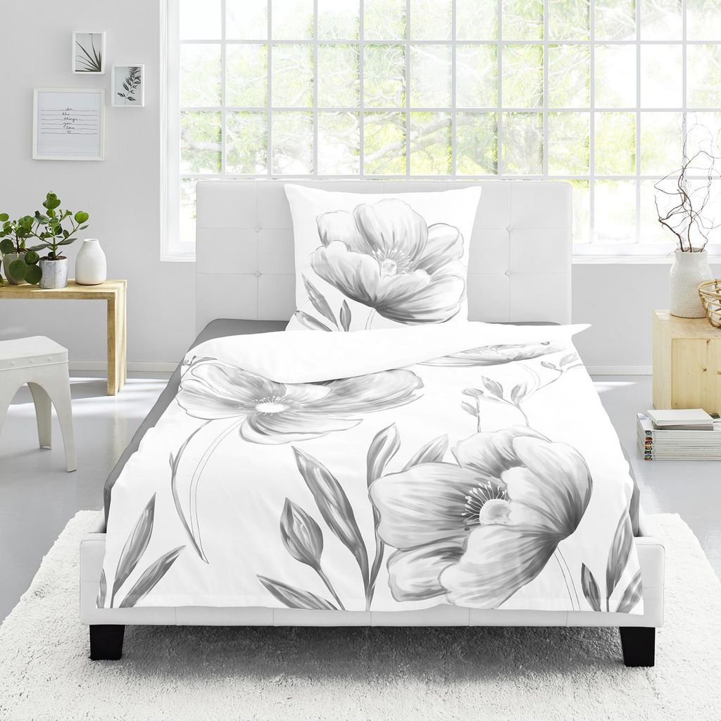 Bettwäsche Bierbaum Mako Satin 5332-10 Blumen weiß grau 135x200