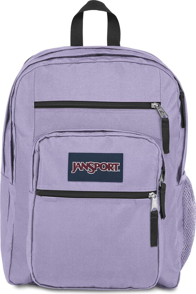 A front view of a purple Jansport backpack against a white background.