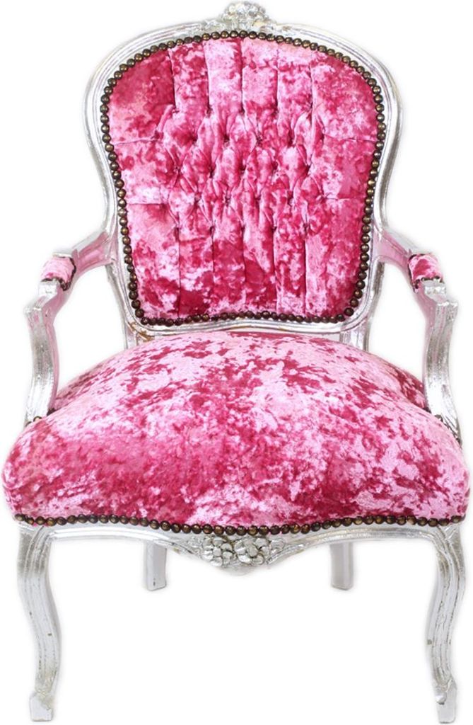 Casa Padrino Barock Salon Stuhl Pink Velour Stoff / Silber - Antik Design Möbel