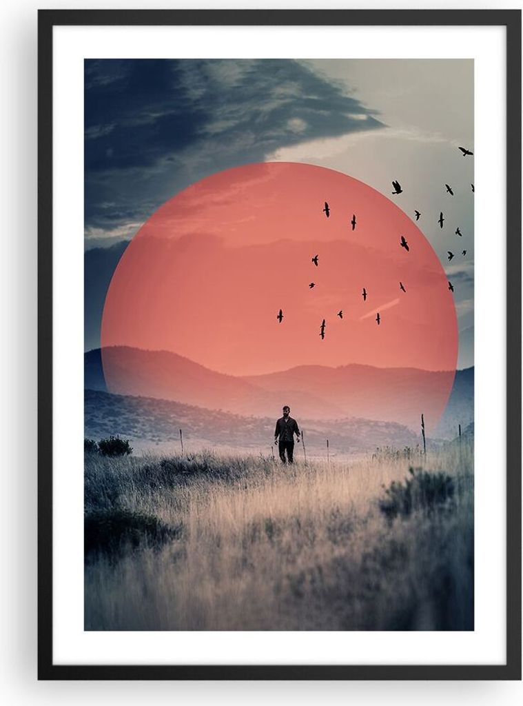 Gerahmtes Poster - Schwarzer Rahmen - Westen Sonne Landschaft - 50x70 cm - Wand Bild - Wanddeko - Wandbilder - Kunstposter - Wandposter - Bilderrah...