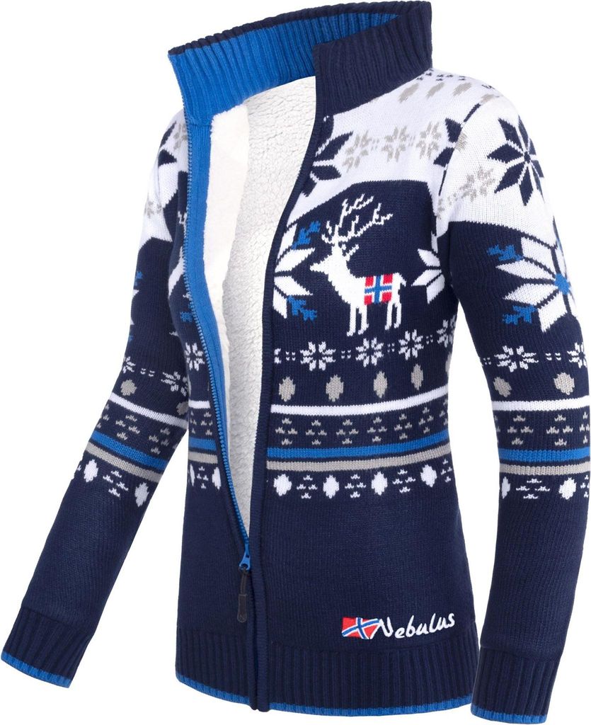Nebulus Norweger Strickjacke mit Teddyfell SVERRE Damen, gefütterte Jacke , mit Reißverschluss , P6006 - Damen, navy-weiß, L/40