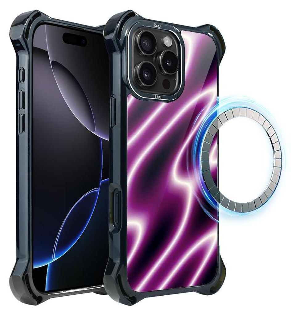 Schutzhülle für das iPhone 16 Pro, MagSafe-kompatibel, verstärkte Ecken, schwarz, violette Neonröhren