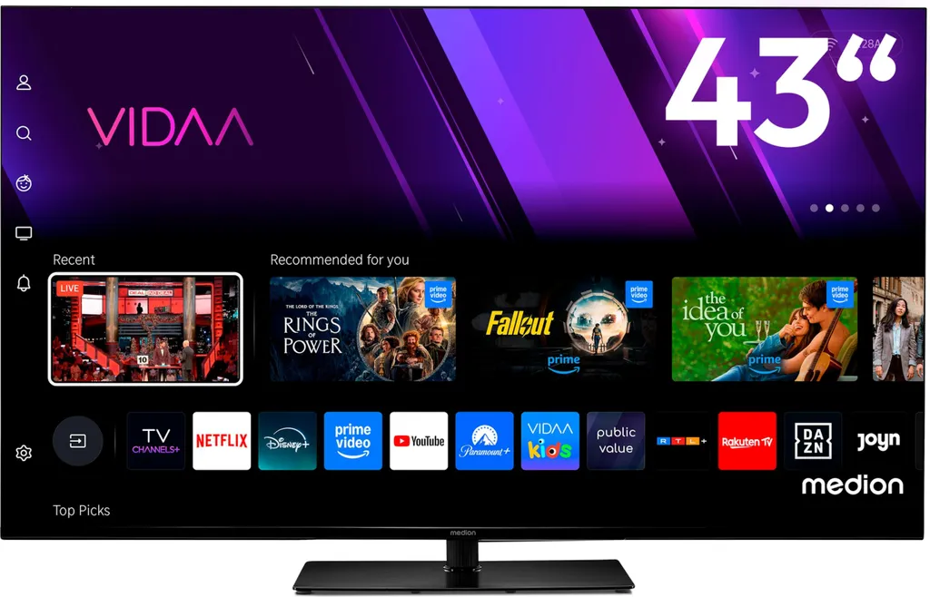 MEDION 107 cm (43 Zoll) Fernseher (Smart-TV, Dolby Vision HDR, VIDAA Store, Prime Video, Disney+, DAZN, Paramount+, HbbTV, PVR, Bluetooth, MD 843300)