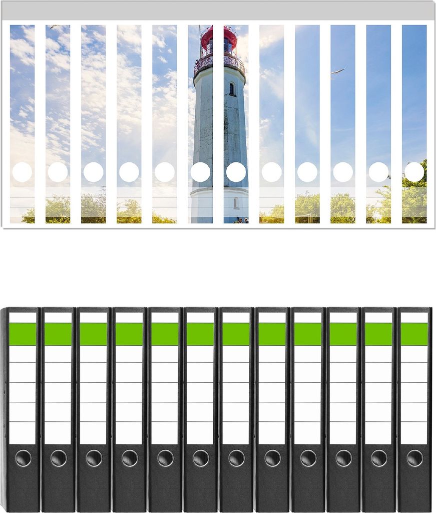 Wallario 12 Stück schmale Ordner inkl. Klebeetiketten mit Motive Leuchtturm auf Hiddensee bei Sonnenschein - Set mit Rückenschildern / Ordnerrü...