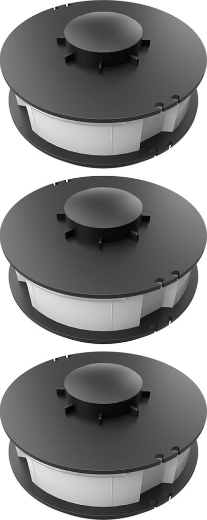 Three identical black spools with white material inside, stacked vertically.