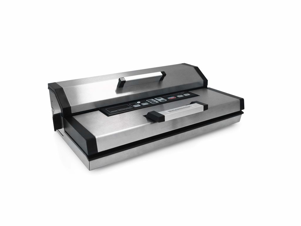 A stainless steel vacuum sealer machine is shown against a white background.